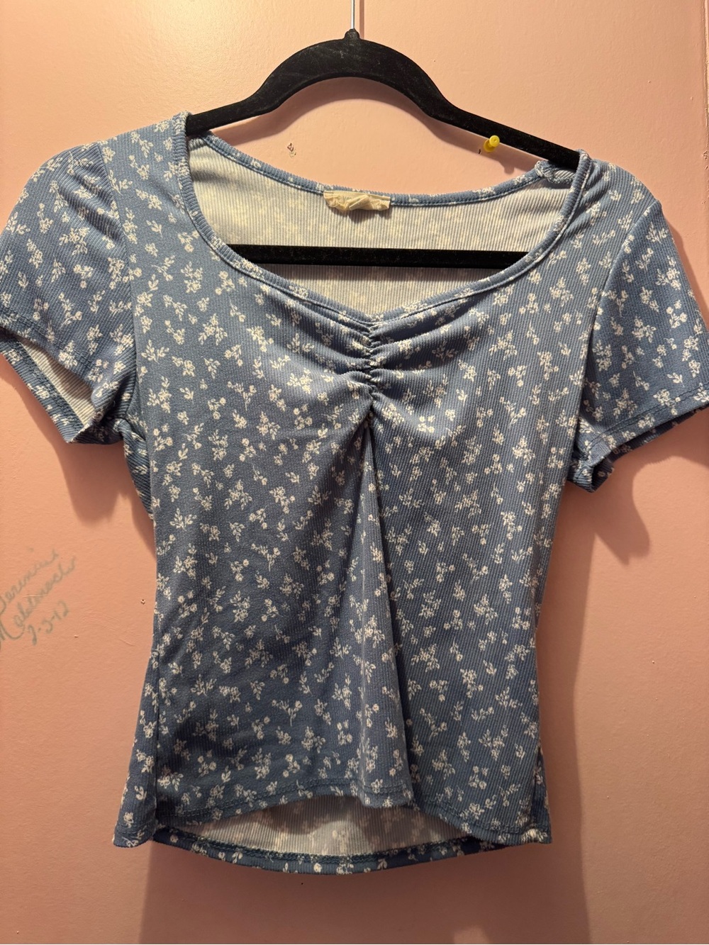 Women’s Blue Floral Knit Ruched Front Top